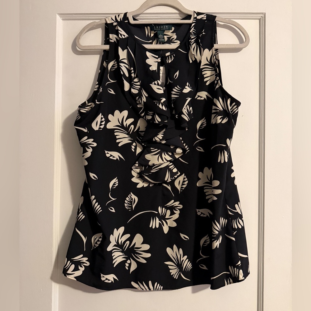 NWT Lauren Ralph Lauren Sleeveless Tank Top Blouse Black White Floral Large